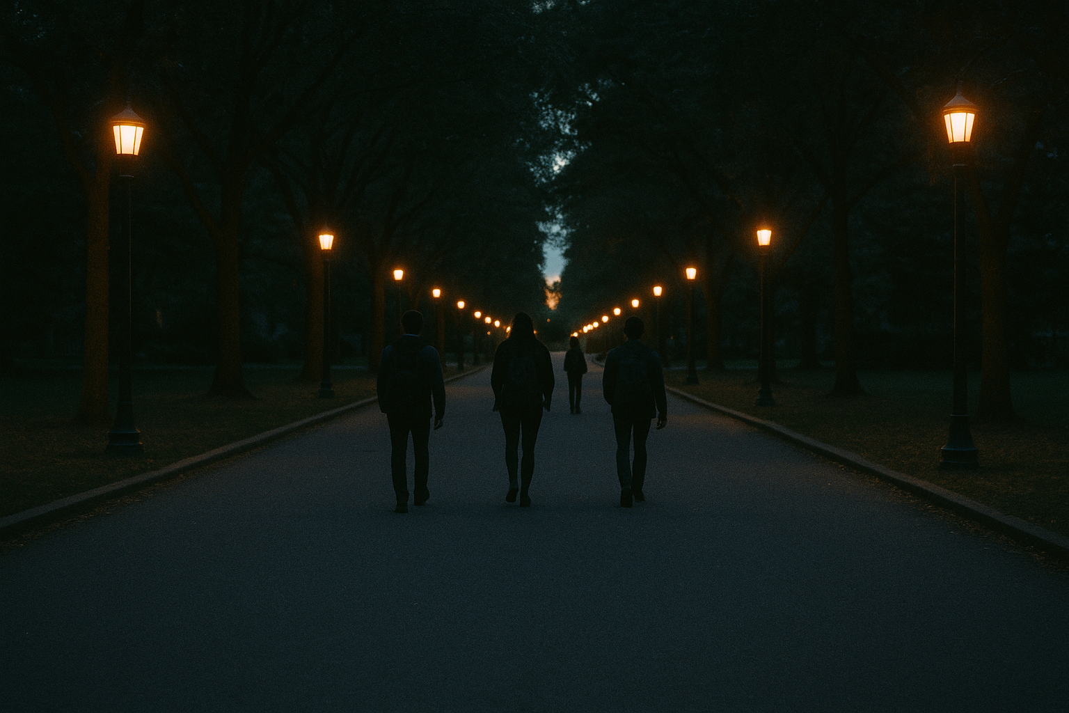 Three students walk away down a tree-lined campus lane at dusk, lampposts lighting the path ahead of them. A sample notice document sits in the foreground.