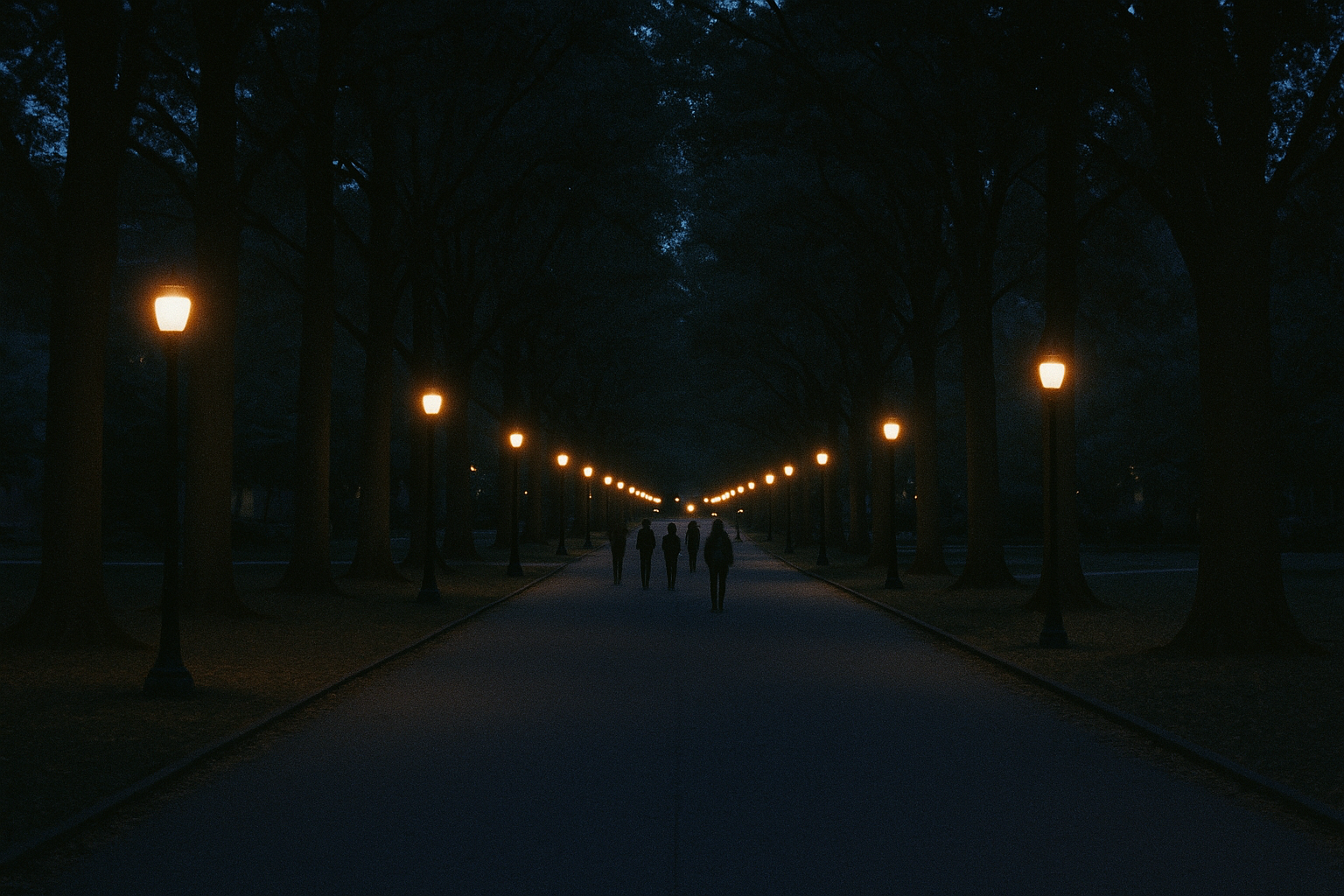 Students far down a lamplit campus lane at nightfall, walking away.