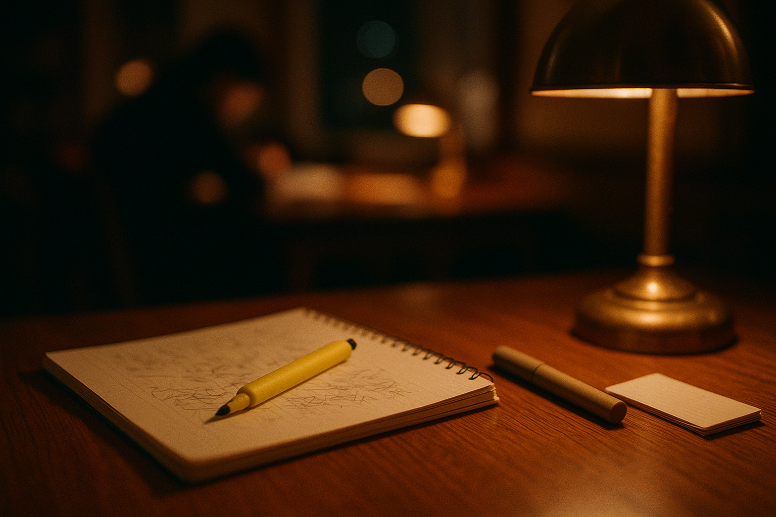 A lamplit study table at night, a highlighter marking a notebook while a figure studies out of focus in the background.